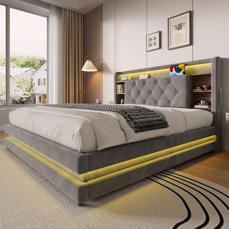 TavilaEcon Boxspringbett Samtbett, Polsterbett mit LED-Beleuchtung & USB-Ladefunktion grau Liegefläche 140 × 200 cm – Bild 8