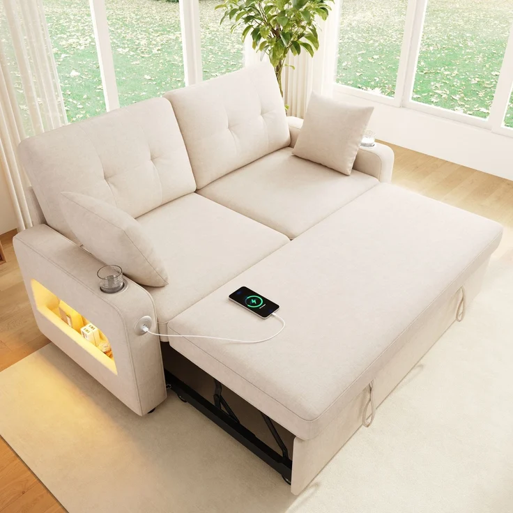 Schlafsofa 141,5x131x83,5 cm in Beige mit Schlaffunktion, LED und USB-Anschluss – Bild 3