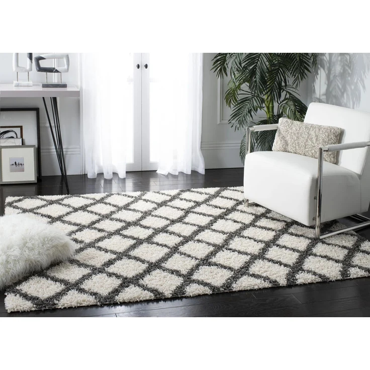 SAFAVIEH Zottelig Teppich für Wohnzimmer, Esszimmer, Schlafzimmer - Dallas Shag Collection, Hoher Flor, Elfenbein und Dunkelgrau, 155 X 229 cm