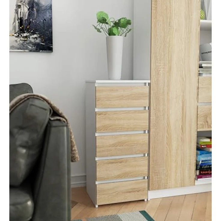 Home Collective Kommode 40 cm breit Holz Highboard Sideboard für Flur Schlafzimmer Wohnzimmer (Mehrzweckschrank Schrank schmal Kommode Schlafzimmer mit Schubladen), Kinderzimmer Organizer, 92 cm hoch mit 5 Schubladen weiß-sonoma Eiche – Bild 6