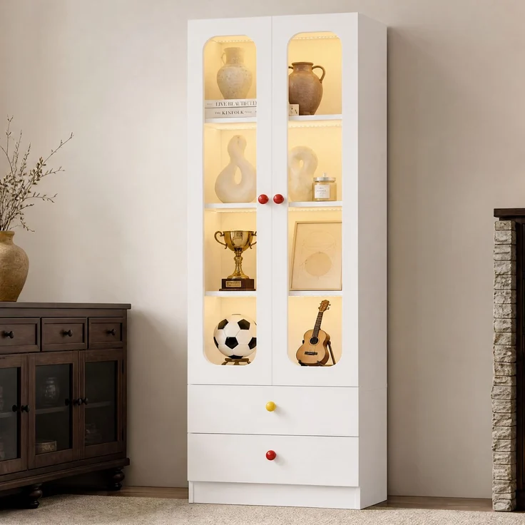 ZUBALIYA Glasvitrine, Aktenschrank, Sammelfiguren-Vitrine, 4 Ebenen Spielzeugschrank mit 2 Schubladen, RGB-LED-Beleuchtung per App steuerbar, Kindermöbel, bunte kugelförmige Keramikgriffe, weiß, 60x35x170 cm – Bild 22