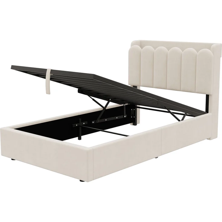 Polsterbett, Einzelbett, Kinderbett 90 x 200cm, hydraulisches Funktionsbett, Bett mit Lattenrost, gepolstertes Kopfteil, großem Stauraum und USB& Type-C-Ladestation und Leselampe, samt, beige – Bild 10
