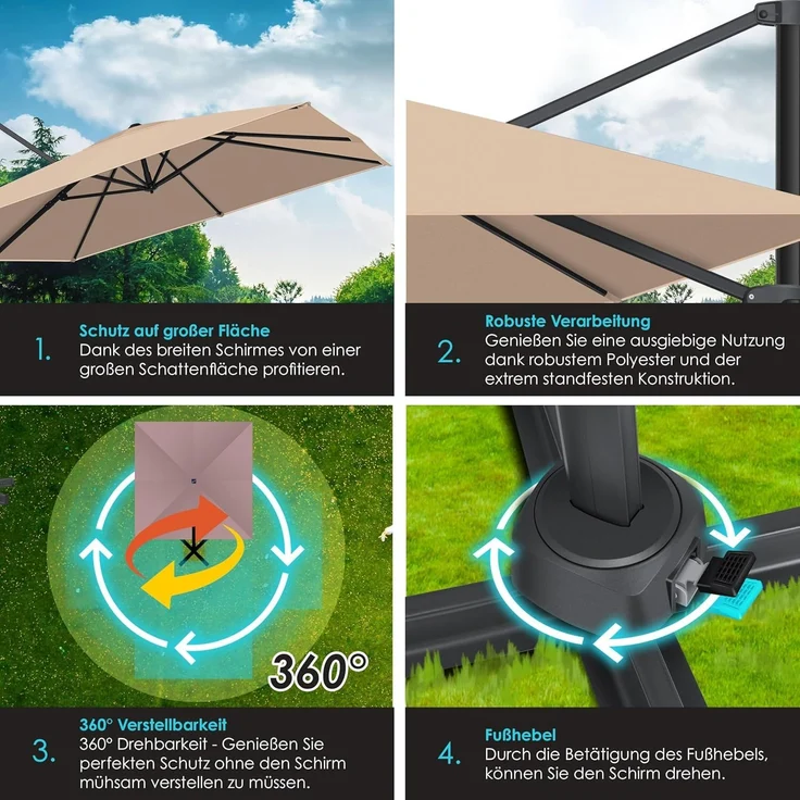 KESSER® Sonnenschirm Ampelschirm Sun XL 300x300 cm Inkl. Abdeckung +Windsicherung Drehbar Neigbar Kippbar Marktschirm Groß 360° Rotation, Gartenschirm mit Kurbel Sonnenschutz UV50+, Taupe – Bild 6