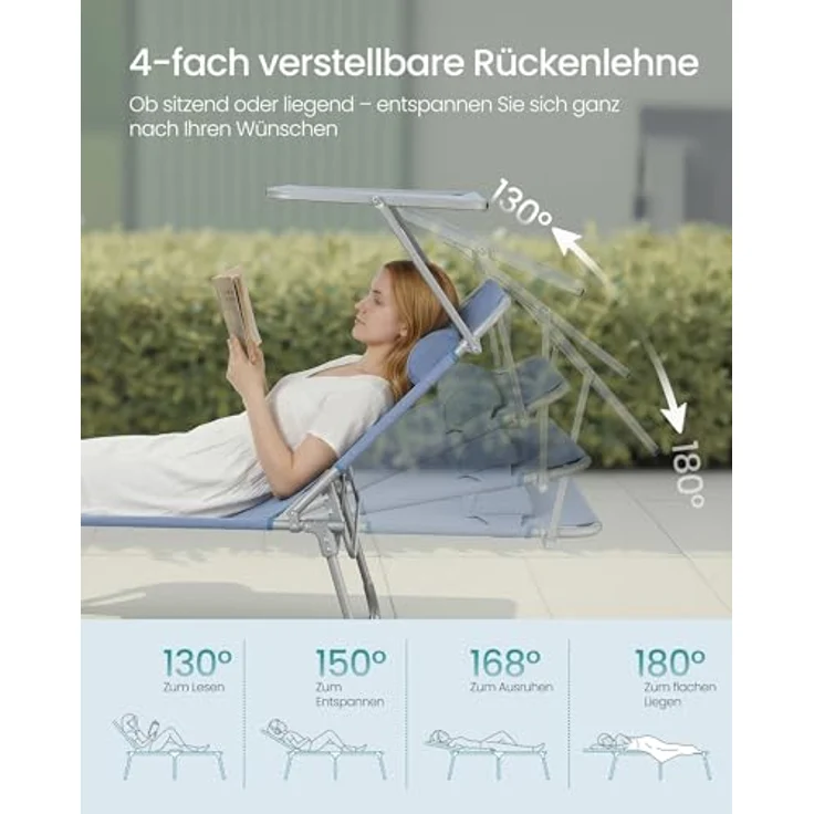 SONGMICS Große Sonnenliege GCB022Q01, klappbarer Liegestuhl mit Sonnenschutz, Kopfstütze und verstellbarer Rückenlehne, blau, für Garten, Pool und Terrasse, Belastbarkeit 150 kg – Bild 5