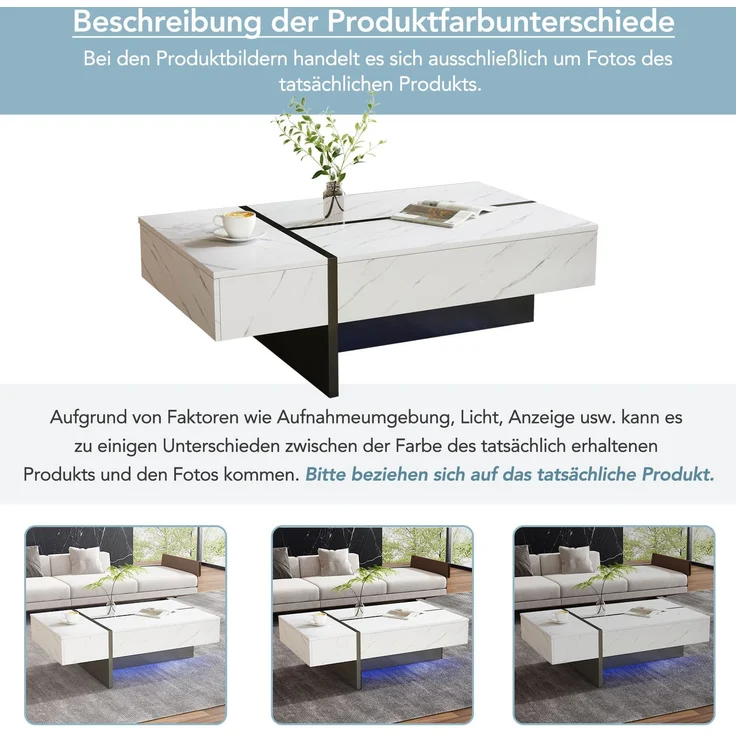 Couchtisch 105x60x35 cm mit 3 Schubladen und LED – Wohnzimmertisch in Weiß mit Hochglanzplatte – Bild 7