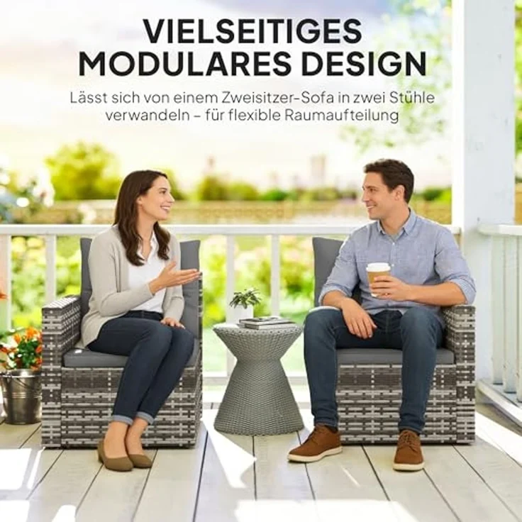 Outsunny Gartensofa mit Kissen, Klappbar Seitentabletts, Loungesofa 1 Teile, für Garten Terrasse Balkon, Poly Rattan Hellgrau – Bild 4