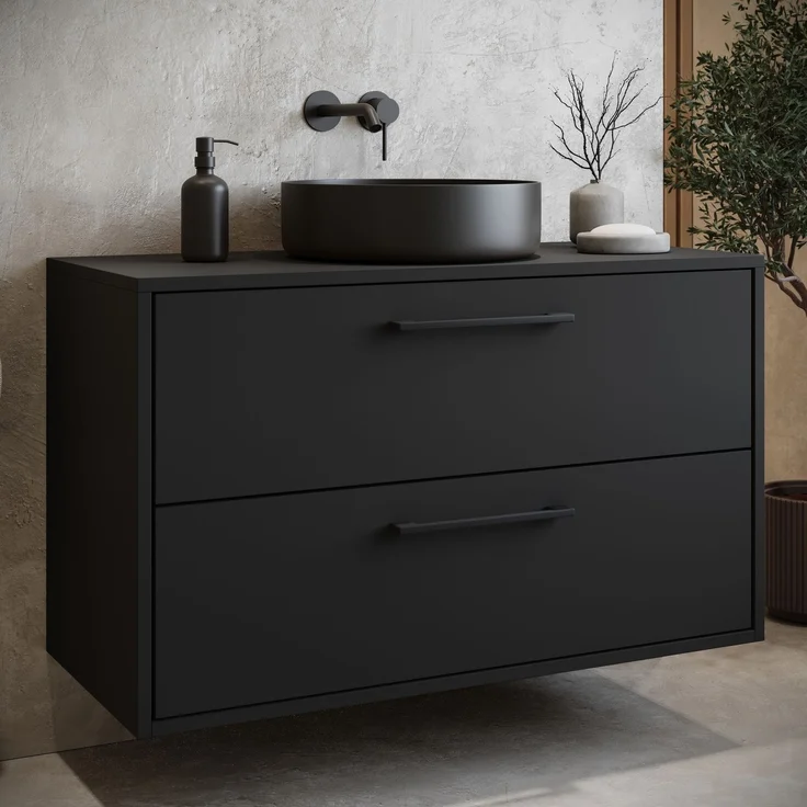 Badplaats Waschtischunterschrank Florence 80 x 46 cm – Matt Schwarz – Hängender Unterschrank mit 2 Schubladen und schwarzen Griffen – Bild 2