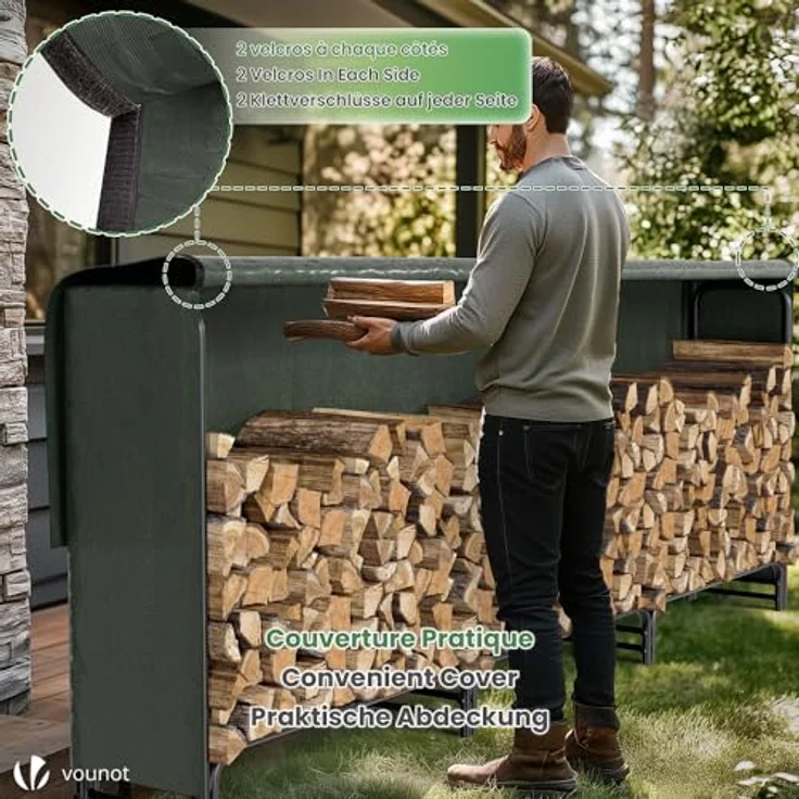 VOUNOT Kaminholzregal Aussen Metall, Brennholzregal Außen, Feuerholzregal Outdoor mit wasserdichte Abdeckung, 300 x 116 x 36 cm, Schwarz – Bild 5
