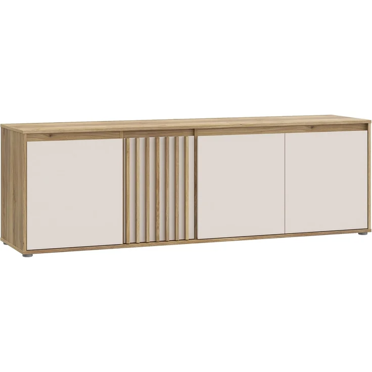 Forte ELISTON TV-Schrank 170 180, modernes Lowboard mit Lamellendesign, 4-türig, Wohnzimmer, Mauvella Eiche Holzdekor|Kashmir Beige, 174,3 cm breit x 56,1 cm hoch x 41,5 cm tief – Bild 3