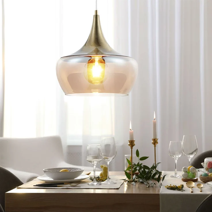 LED Hängeleuchte, messing antik, Glas amberfarben, H 150 cm – Bild 4