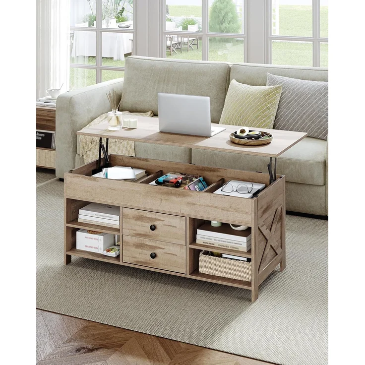 Couchtisch, höhenverstellbarer Wohnzimmertisch, Sofatisch, 2 Schubladen und Versteckter Stauraum, 50 x 100 x 47,3-61,3 cm, für Wohnzimmer, Esszimmer, Büro, Kamelbraun-Schwarz – Bild 7
