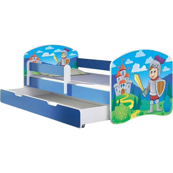 ACMA Kinderbett Jugendbett mit Einer Schublade und Matratze Blau mit Rausfallschutz Lattenrost II 140x70 160x80 180x80 (32 Ritter, 140x70 + Bettkasten) – Bild 1