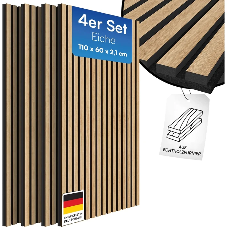 Bellamio 'Kilwa' 3D Akustikpaneele, Holzoptik Eiche, Echtholzfurnier und MDF, 110x60x2,1 cm, Wandpaneele mit Schallschutz, 4er Set – Bild 1