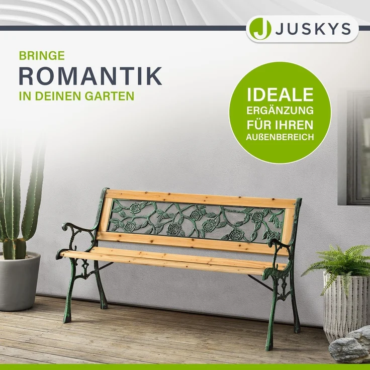 Juskys Gartenbank Venezia – 2-Sitzer Holzbank mit Armlehnen & Rückenlehne – wetterfeste Sitzbank 122x54x73 cm - Seitenelemente aus Gusseisen – Bild 6