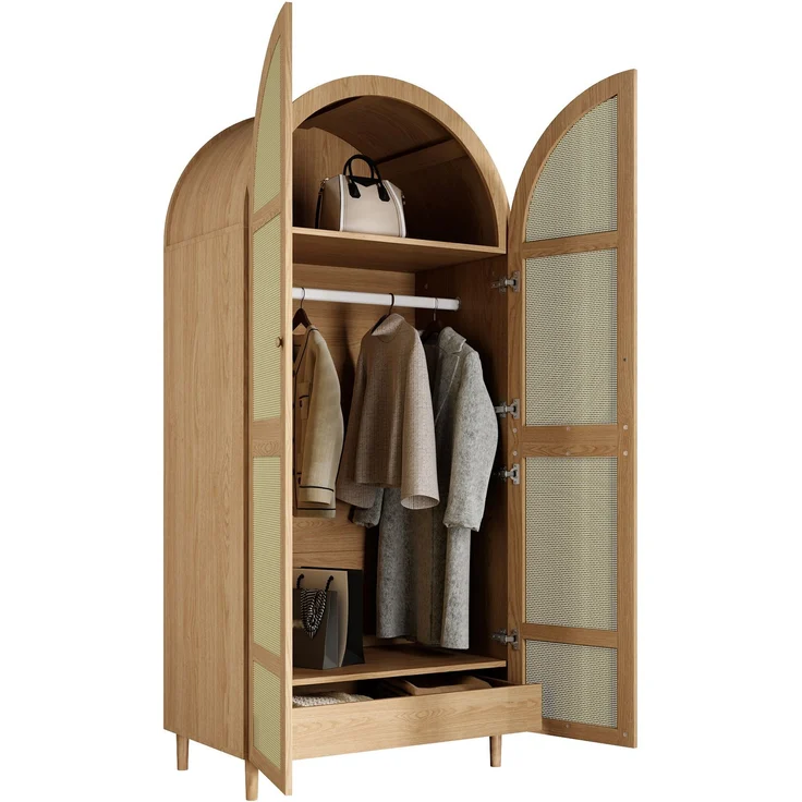 DESVIAE Garderobenschrank mit Rattantüren und Schubladen 80x179x50 cm MDF/Spanplatte Natur – Bild 7