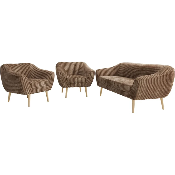 Wohnzimmerset PIRS 1-1-3, Skandinavisches 3-Sitzer Sofa mit Sesseln, Sofa mit Wellenfederung, Buche Füße, Skandinavisches Möbelset - Braun Cord – Bild 7
