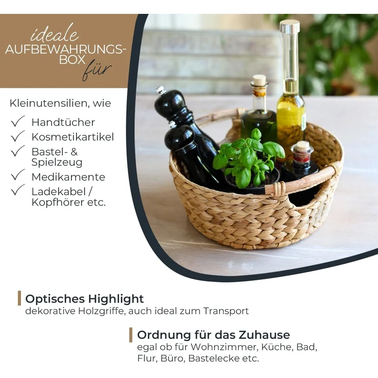 HMF Aufbewahrungskorb Präsentkorb, runder Aufbewahrungskorb mit Holzgriffen, geflochten aus, natürlicher Wasserhyazinthe, 30 x 12 cm – Bild 3