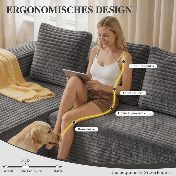 ANYSUN Ecksofa Couch L-Form, mit Liegeflache 4-Sitzer Ecksofa, Cord-Schlafsofa, 261×173 ×58 cm Modernes, modulares Sofa Links / Rechts Chaiselongue Sofa, Chaiselongue für Wohnzimmer und Schlafzimmer, montagefrei – Bild 4