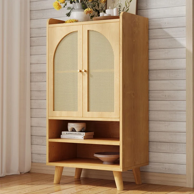 Rattan-Sideboard mit 2 Rattantüren und 2 offenen Fächern, Aufbewahrungsschrank / Buffet mit großem Stauraum, Holz-Highboard, Mehrzweckschrank für Flur, Wohnzimmer oder Küche, Maße: B60×T40×H121 cm--Natürlich--60x40x121cm--YOUDENOVA – Bild 5