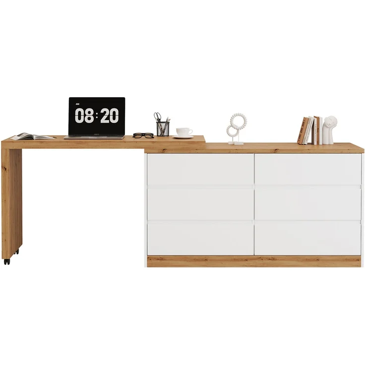 ZUBALIYA Schreibtisch mit feststellbaren Rollen – multifunktionales Design, 4 cm dickere, drehbare Tischplatte, fest arretierbar, weiß/Eiche, Faltbarer Schreibtisch, Eckschreibtisch, Sideboard,Dicke Materialie – Modell N880P4642189O – Bild 11