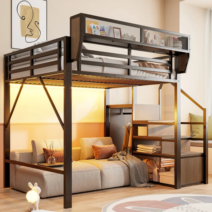 ZUBALIYA Hochbett 140 × 200 cm, Metall, LED-Beleuchtung, Leiter, Schwarz – Bild 4
