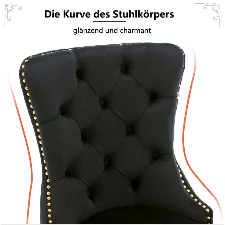 Esszimmerstuhl mit Samtbezug, Edelstahlbeinen und Türklopfer-Design, luxuriöser Polsterstuhl mit Nagelkopfverzierung,verstellbare Füße,Schwarz – Bild 6