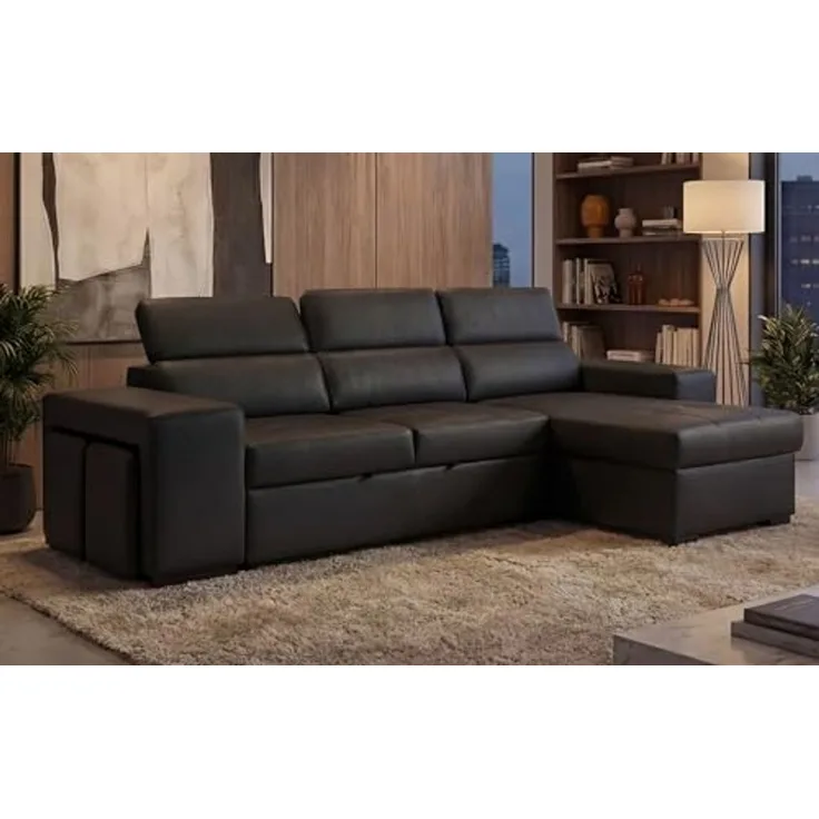 aquinos BUDWING John Eck-Schlafsofa 4-Sitzer – Reversible Chaise Longue, Verstellbare Kopfstützen & 2 Hocker – Polsterung aus Polyester – Modernes Design – 263 x 161 x 96 cm – Schwarz