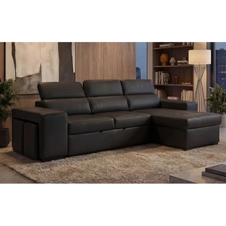 aquinos BUDWING John Eck-Schlafsofa 4-Sitzer – Reversible Chaise Longue, Verstellbare Kopfstützen & 2 Hocker – Polsterung aus Polyester – Modernes Design – 263 x 161 x 96 cm – Schwarz – Bild 1