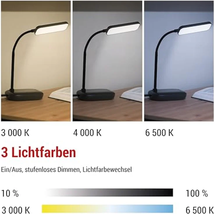 EMOS LED Tischlampe MOLLY, 12W, 650lm dimmbar, einstellbare Lichtfarbe, flexibler Lampenarm, schwarz, Z7638B – Bild 6