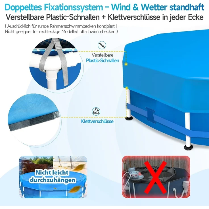 Sekey Poolabdeckung Rund 366 cm – Passend für Runde Stahlrahmenbecken Verstellbare Schnallen & Klettverschlüssen Wind- & Staubdicht Reißfestes Hochdichtes Abdeckplane | Blau – Bild 3