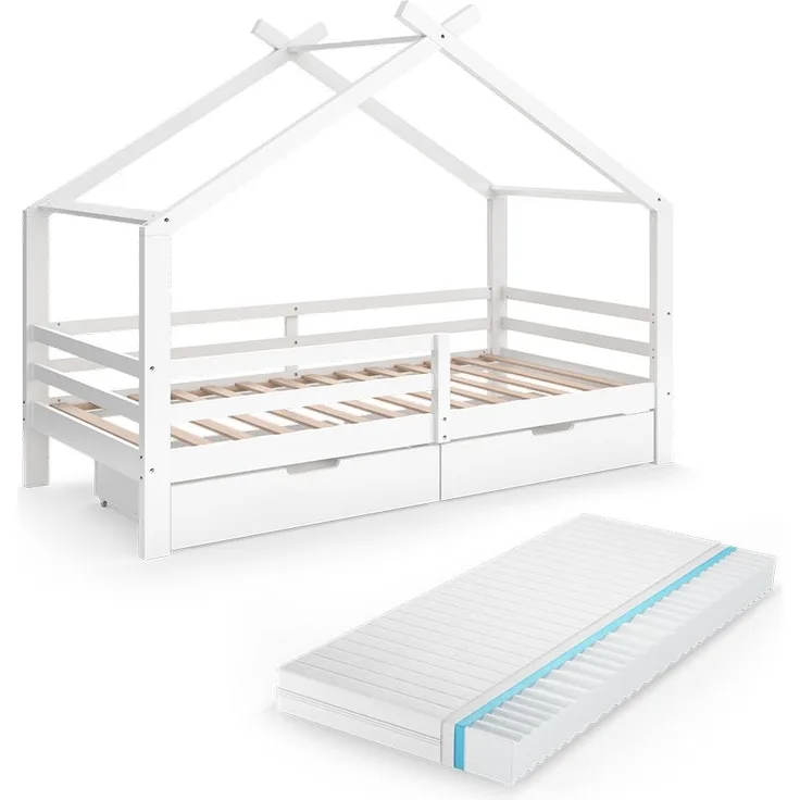 Hausbett Luni Weiß 200 x 90 cm mit Schubladen und Matratze Vitalispa