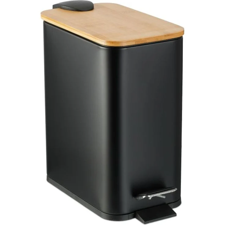 Relaxdays Bad Mülleimer 5 l mit Bambusdeckel, Schwarz, 28,5x14,5x27 cm – Bild 1