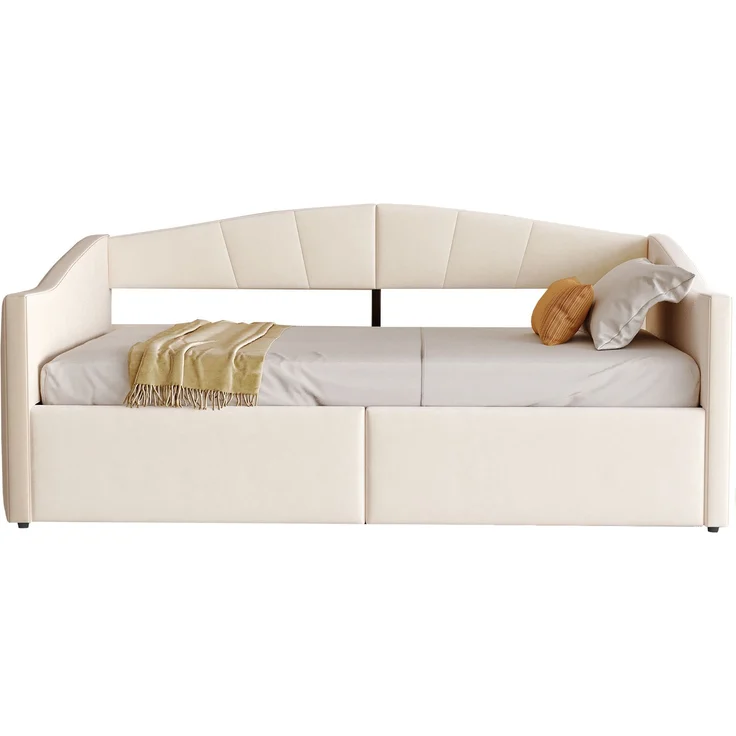 Polsterbett Schlafsofa, Samt mit Stauraum & Lattenrost, 90x200 cm, Beige, ohne Matratze – Bild 6