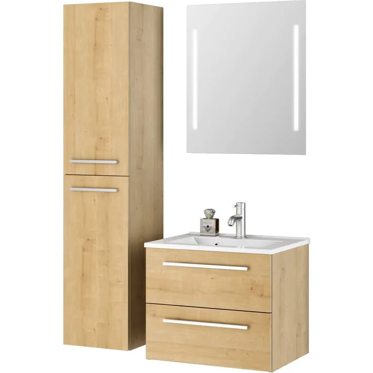 Sieper I Badmöbel Set Libato, Waschtisch mit Unterschrank 60x50 cm, Hochschrank und Badspiegel I Eiche Natur