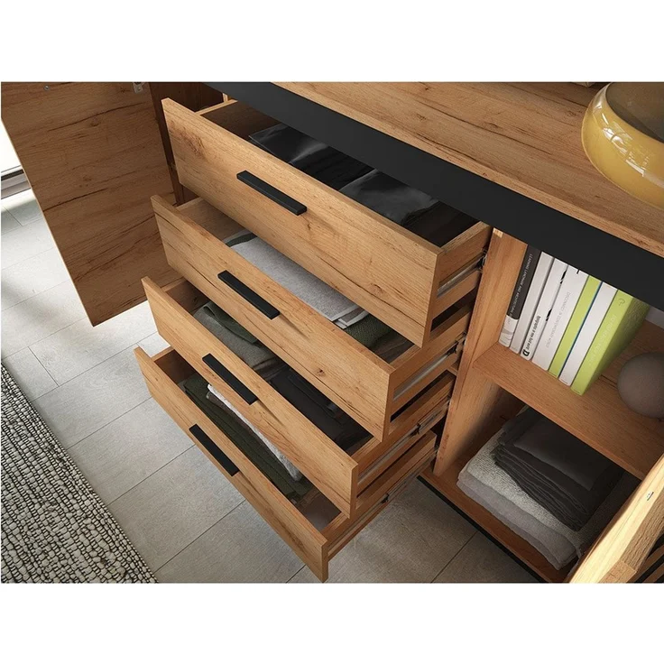 Lomadox Wohnzimmer-Set URBANIA-131, (Mega-Spar-Set, 3-St, Kommode Vitrinenschrank Wandregal), Wohnzimmer Set Vitrine Sideboard Wandboard in Eiche mit schwarz – Bild 3