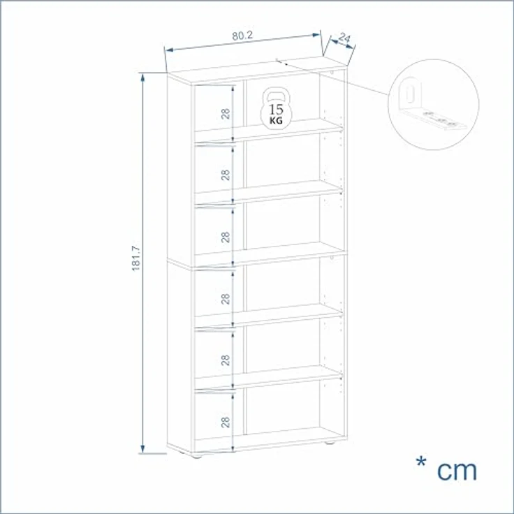 KOMTO Bücherregal Lumo 80 cm breit Regal mit 3, 4, 6 Ebenen und Höhenverstellbare Regale, Aufbewahrungsregal Bookshelf Weiß – Bild 4
