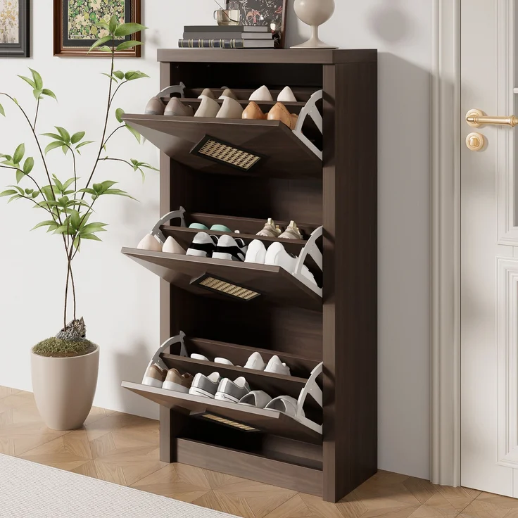 Schuhschrank, Holzoptik mit Rattan-Dekor & 3 Klappfächern, 54x25x115 cm, Walnussfarbe – Bild 3