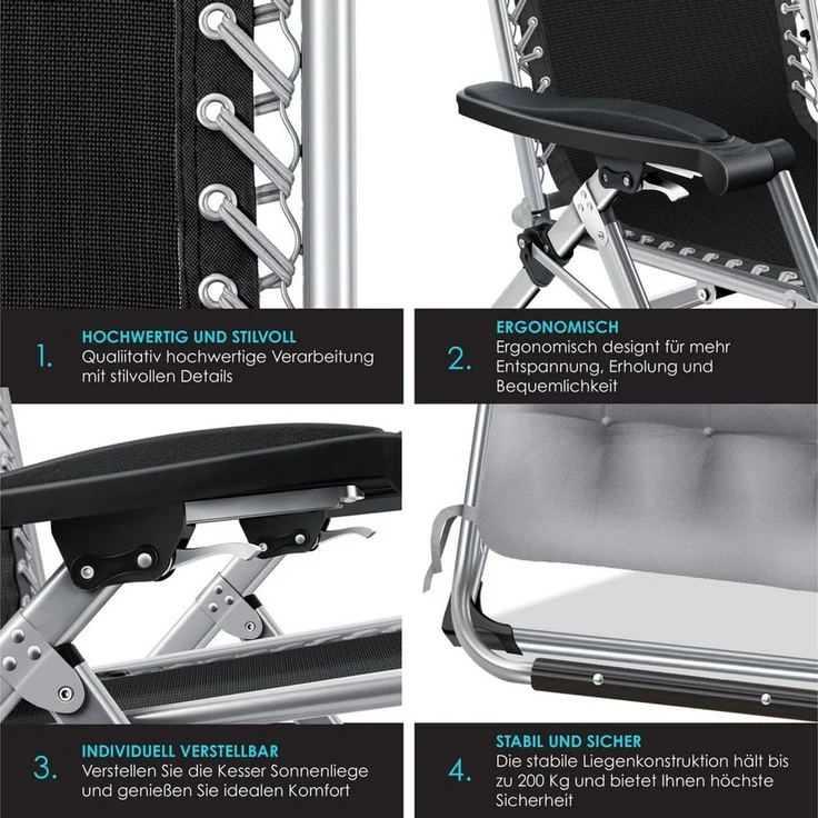 KESSER® Sonnenliege Liegestuhl Klappbar Mit Getränkehalter Gartenstuhl Mit Auflage Polster, Liegestuhl, Extra groß Gartenliege, Verstellbar Rückenlehne Garten Liege mit Kissen-Unterstützung Grau – Bild 3
