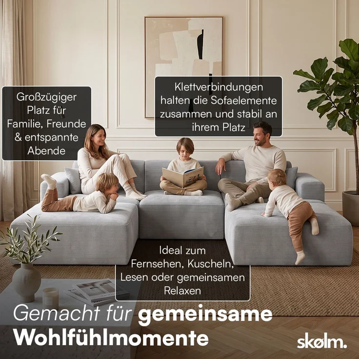 skølm 'Freki' Cloud Sofa 3 Sitzer mit 2x Hocker, Vollschaumcouch mit Federkern und Vakuum-Kompression, kein Aufbau erforderlich, mit 3 Kissen, Cord grau – Bild 2
