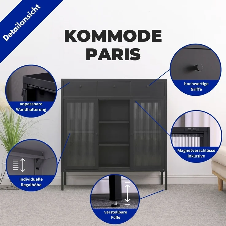 Mein-Regal Kommode Paris aus Metall mit Schubladen und Glastüren Schwarz – Bild 2