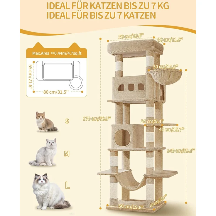 Kratzbaum groß, 170 cm Hoch, Katzenbaum, mit 8 Kratzbäume, 2 Höhlen, groß Plattformen, Waschbare Matte, Hängematte, Plüschbälle, Mehrstöckiger Katzenkratzbaum, Kamelbraun – Bild 7