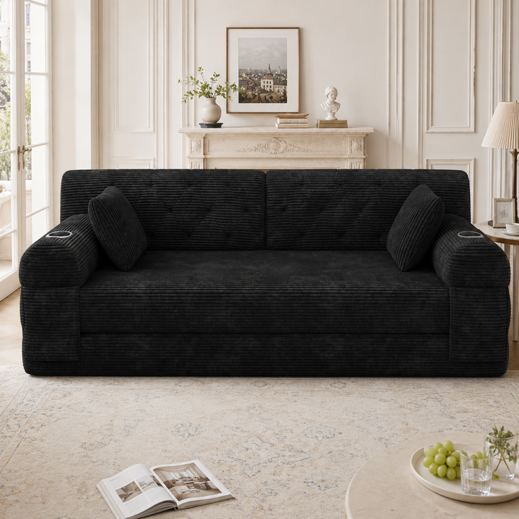 ZUBALIYA Schlafsofa 80x81 cm, mit Stauraum, mit Samtbezug, mit Cordbezug, mit Knopfheftung, mit breiten Armlehnen, Schwarz – Bild 11