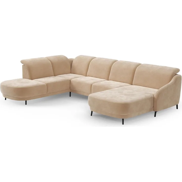 CAVADORE Wohnlandschaft Blue, Sofalandschaft mit Longchair im modernen Design, inkl. kopfteilverstellung, Vorziehsitz motorisch, Klapptisch, mattschwarzen Metallfüßen, Mikrofaser, Hellbraun
