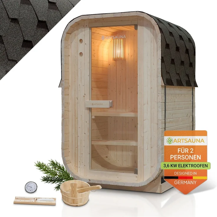 Artsauna Fasssauna Nolvik S, Outdoor-Sauna aus Fichtenholz, 3,6 kW Ofen, LED, Komplettset mit Sanduhr, Eimer & Thermometer, winterfest, Cube Design – Bild 1