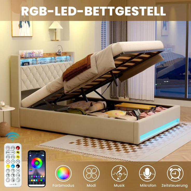 Luxuriöses Polsterbett aus Samt mit Matratze & Lattenrost, 160x200 cm, Beige – Bild 7