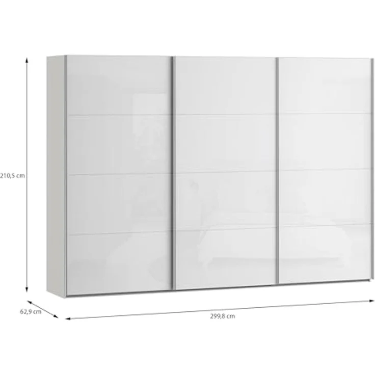 Forte SOPHISTISPACE Kleiderschrank 300, moderner Schwebetürenschrank, 3-türig, Einlegeböden, Kleiderstangen, Holzwerkstoff, Weiß/Weiß Glanz, 299,8 cm breit x 210,5 cm hoch x 62,9 cm tief – Bild 3