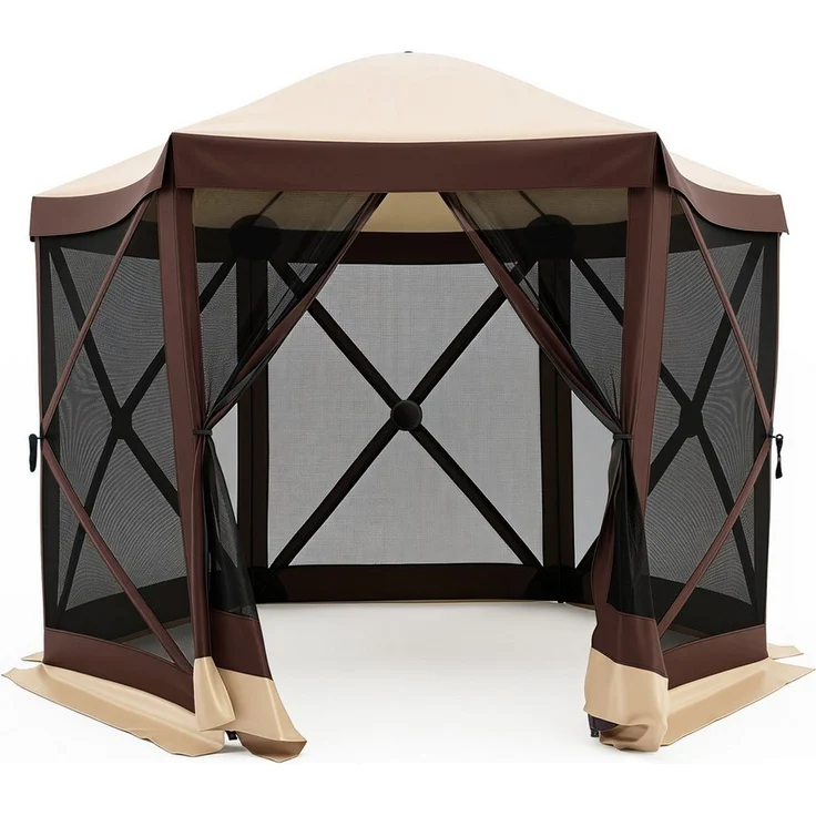 KOMFOTTEU Pavillon, Sichtschutzzelt mit 6-seitigen Netzwänden, Reißverschlusstür, braun, 300 x 258 x 230 cm, ideal für Gartenpartys und Camping