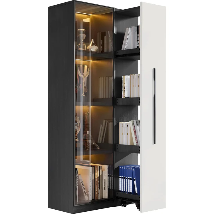 ZUBALIYA LED-Glasvitrine, integrierte LED-Beleuchtung, Türen aus gehärtetem Glas, 1 Schublade, H 160 × B 70 × T 40 cm, Schwarz Weiß, viel Stauraum, für Wohn- und Essbereich – Bild 6
