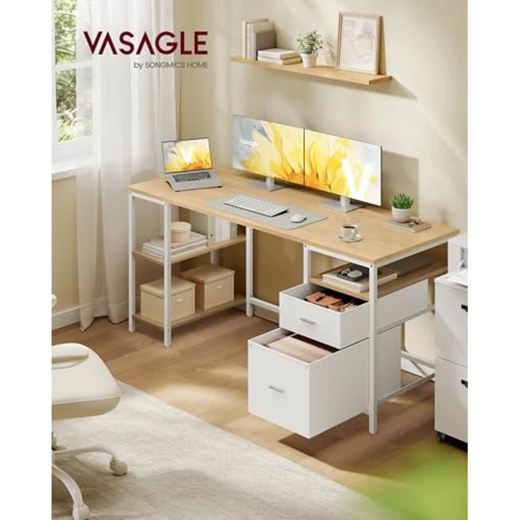 VASAGLE Computertisch, Bürotisch, Schreibtisch, mit 3 Ablagen, 2 Schubladen, 160 x 60 x 76 cm, fürs Büro, Wohnzimmer, moderner Stil, natureichenfarben-wolkenweiß LWD105YD01 – Bild 3