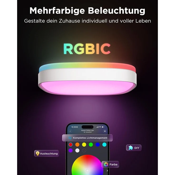 Govee Deckenlampe RGBIC Smart, 24W LED Deckenleuchte dimmbar, 2400LM Deckenlampe Schlafzimmer Kompatibel mit Matter, Alexa & Google Home mit 16 Millionen DIY Farben, für Wohnzimmer Küche Flur, 30cm – Bild 2